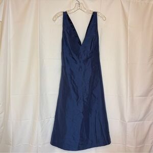 Jenny Yoo Collection Navy Shantung Silk Sleeveless Midi V Neck Dress With Bow